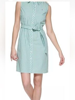 Tommy Hilfinger Checked Green Button Downnshirt Dress Sleeveless Belted 10 NWOT